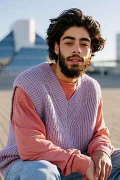Young man urban fashion portrait in pastel knit vest for streetwear background and contemporary lifestyle banner