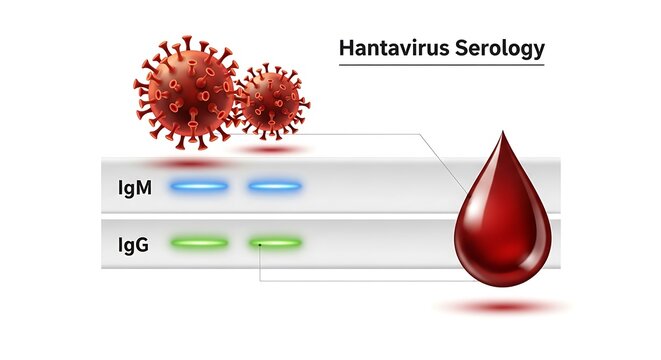 Hantavirus serology test, drop, and virus particles