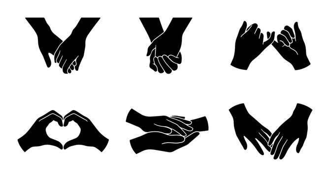 Set of 6 Diverse Hand Gestures, Love Heart, Pinky Swear, Holding Hands, Friendship, Connection, Support Icons