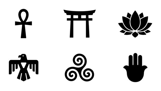 Diverse Cultural Symbols Vector Icons Set: Ankh, Torii Gate, Lotus, Thunderbird, Triskelion, Hamsa Hand