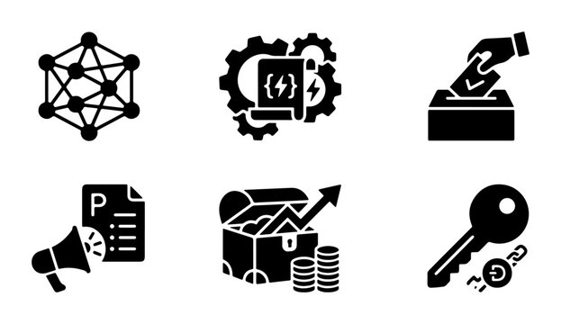 Technology Icons Set: Blockchain, Coding, Voting, Marketing, Finance, Security, Vector Graphics
