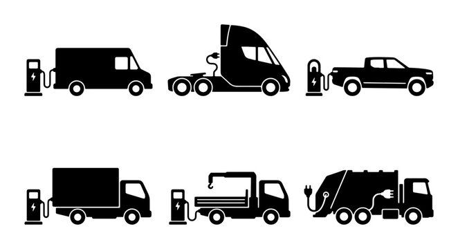Electric Vehicle Charging Icons: Truck, Pickup, Garbage Truck, Semi-Trailer, Delivery Van, Crane Truck Set
