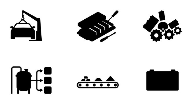 Industrial Process Icons: Manufacturing, Battery Production, Automotive Repair, Raw Materials, Factory Production, and Energy Storage