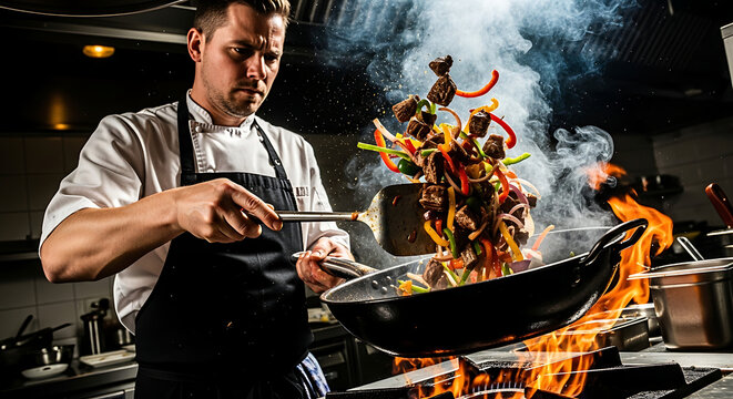 Chef cooking stir-fry in wok with flames, professional kitchen, dynamic action shot