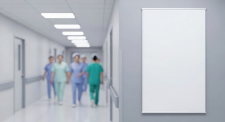 Fototapeta premium Blank street banner mockup on hospital wall with medical staff walking in corridor. White banner displays potential advertising space for healthcare promotions.