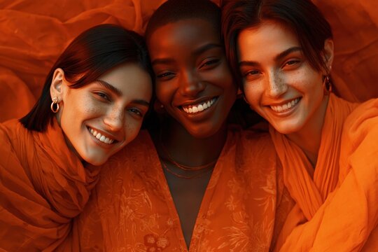 Trio of smiling women in warm orange lighting and scarves for friendship banner background and dramatic lifestyle portrait with boho warmth