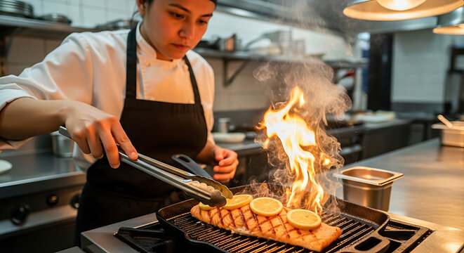 Chef flambeing salmon fillet with lemon slices on a grill pan in a professional kitchen