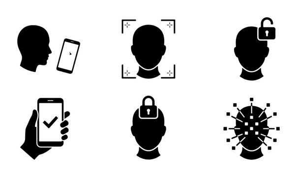 Facial Recognition Security Icons, Biometric Authentication, Face ID Technology, Digital Identity Verification, Unlock Access, Data Protection