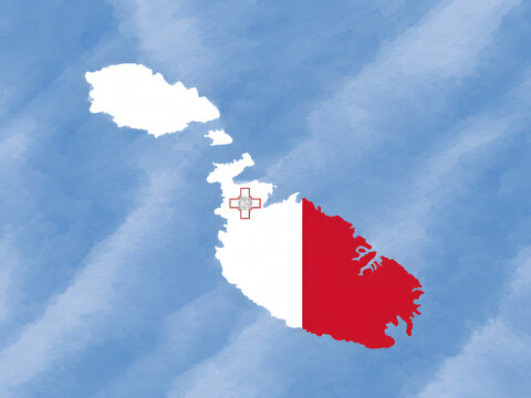 Malta map with national flag and George Cross on watercolor background