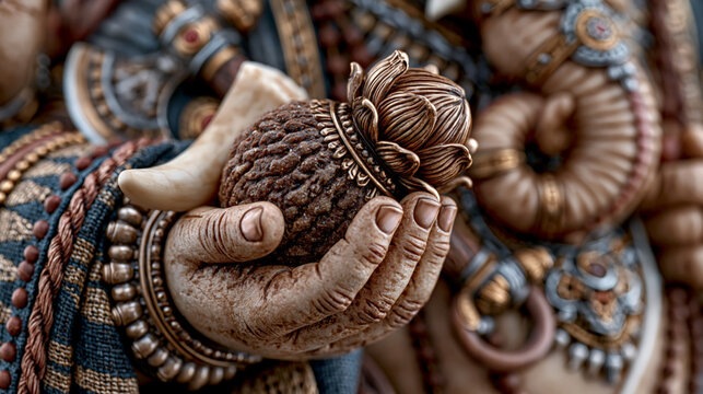 Macro shot of Ganesha statue hand holding a sacred offering, showcasing fine details of fingers, traditional ornaments, and rich textures of the sculpture