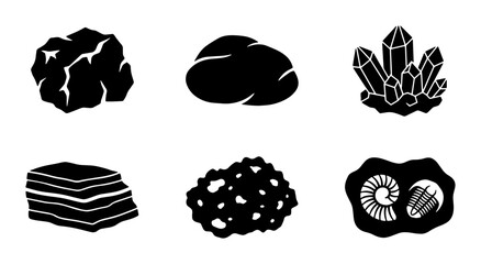 Geology Icons Set: Rocks, Crystals, Fossils, Minerals, Coal, Stone Vector Collection for Earth Science Education and Design © Farzana
