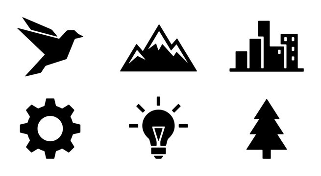 Origami Bird, Mountain Peak, City Skyline, Gear, Lightbulb, Pine Tree Icons: Minimalist Black Vector Set for Concepts