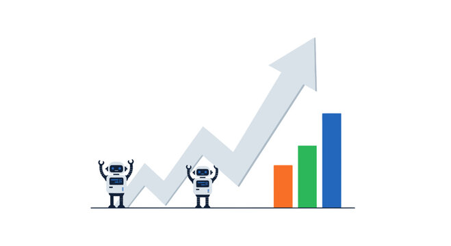 Robots celebrating growing business graph with rising arrow and bar chart