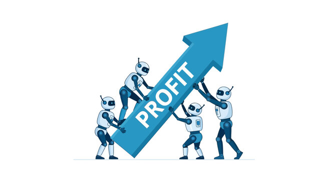 Robots lifting profit arrow up, business growth, teamwork, success concept