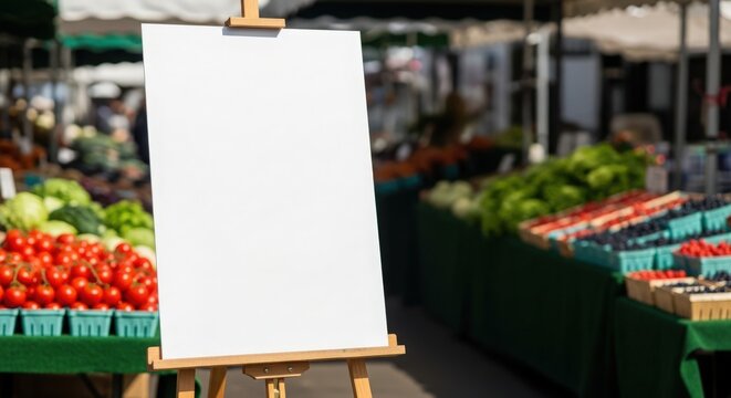 Blank canvas on easel at vibrant farmer's market with fresh vegetables and fruits on display. Market features an array of tomatoes, leafy greens, and colorful produce creating an inviting atmosphere.