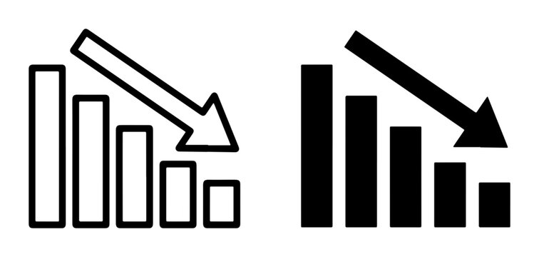Declining Bar Chart Icons, Downward Trend Graphics, Financial Loss Symbols, Business Performance Vector Set
