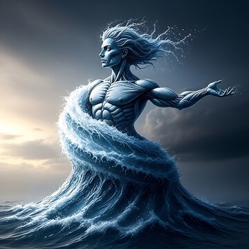 Mythical sea god in ocean waves.