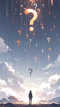 Man looking up at question marks.