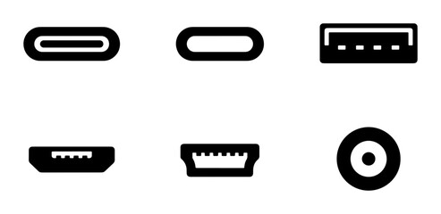 USB Connector Icons, USB-C, Micro USB, Type A, Type B, Data Port Symbols, Technology Interface Graphics © Mamunur