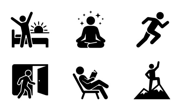 Morning Routine, Meditation, Running, Reading, Achievement Icons: Lifestyle Vector Set