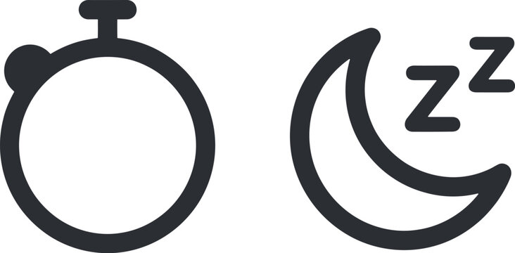 Minimalist sleep timer vector icons, black line stopwatch and crescent moon symbols, simple bedtime clock UI elements