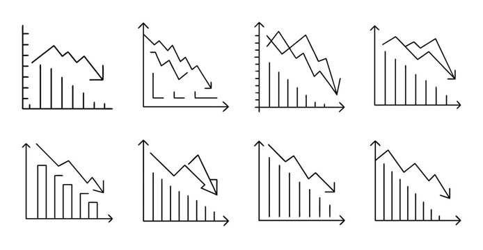 Flat line graph trends with arrows - Set of eight simple line graphs showing upward, downward, and flat trends with directional arrows for data visualization.