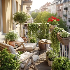 Fototapeta premium Cozy urban balcony garden with furniture.