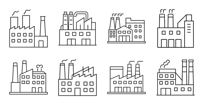 Isometric industrial factory buildings illustration - Colorful isometric vector icons of various industrial factory buildings and chimneys in a clean style.