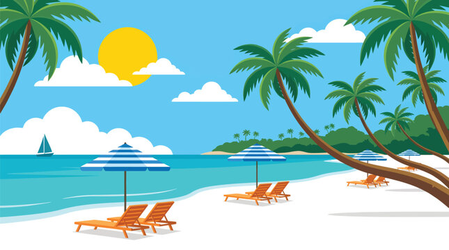 Tropical beach scene with palm trees sun ocean lounge chairs and umbrellas in a vibrant vector illustration