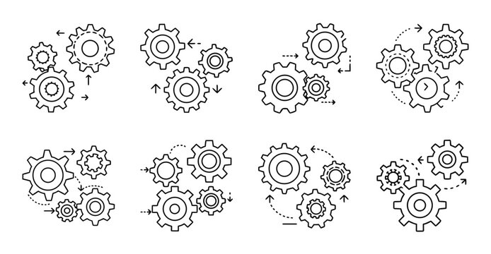 Colorful gears and cogs illustration set - Vibrant vector illustration of interlocking gears and cogs in various shapes and sizes for design projects.