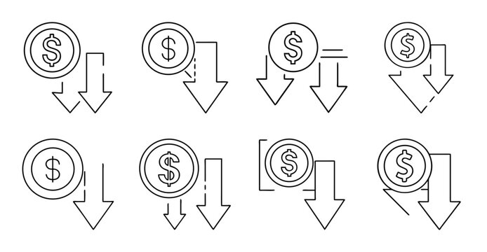 Money bag icons with downward arrows - Set of money bag icons featuring downward arrows indicating decrease or loss in value.