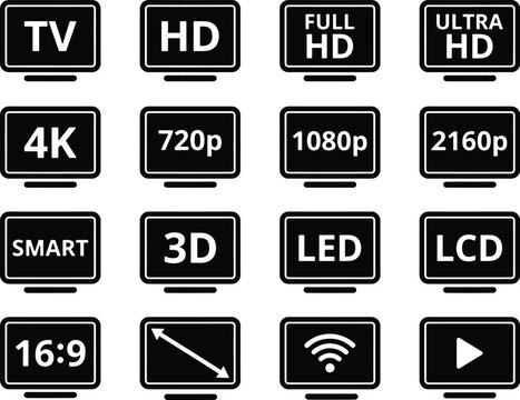 Television screen resolution icons, 16 black TV display vector symbols, 4K Ultra HD and Smart TV monitor signs set