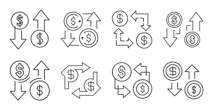 Money flow and exchange vector icons set - Colorful vector icons showing money circulation, exchange, and financial transactions with arrows and dollar signs.