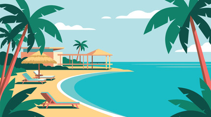 Obraz premium Tropical beach scene with palm trees lounge chairs and a thatched roof bungalow in a vector illustration style