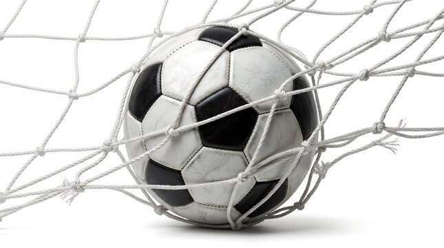 Soccer ball caught in the net, symbolizing goal and victory in a sports game