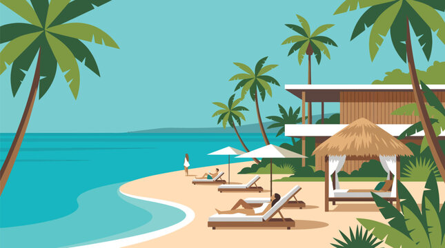 Tropical beach scene with palm trees lounge chairs and a modern villa overlooking the turquoise ocean in a vector illustration