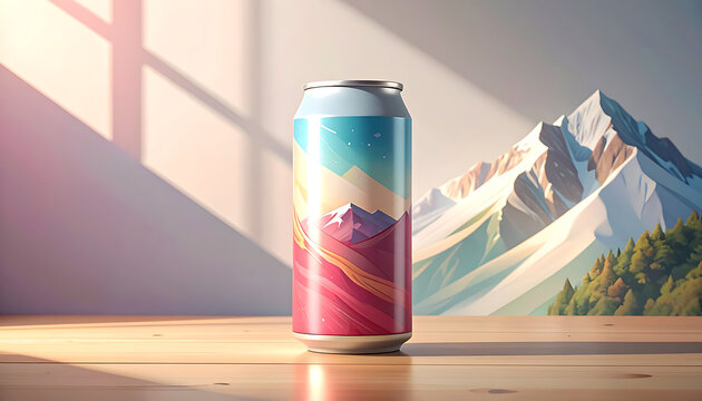 A colorful beverage can with a pixelated mountain landscape design, standing on a wooden surface with soft window light and a snowy mountain range in the background.