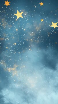 Stars shine brightly in the night sky while clouds drift below. The clear blue backdrop enhances the view. This happens during a peaceful night