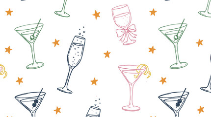 Seamless Pattern with Cocktail Glasses Champagne Flute Martini and Stars on White Background Party Celebration Design © Mst RAFIYA