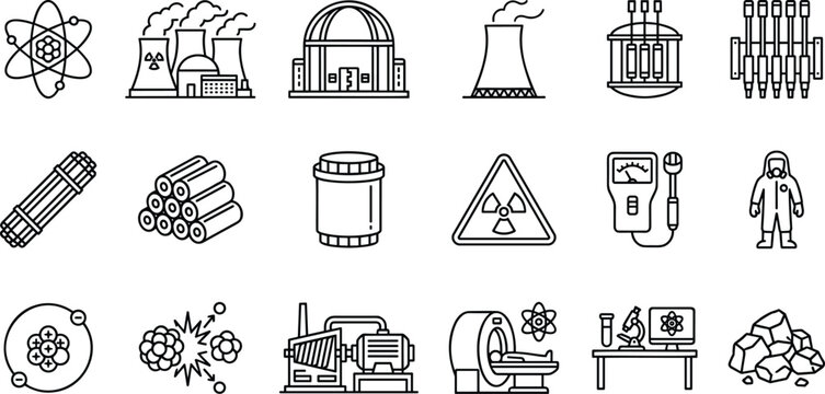 Nuclear power plant energy icons set featuring radiation symbols reactor cooling tower and radioactive waste storage.