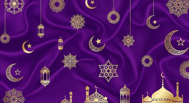 Purple background featuring intricate geometric patterns with crescent moons, stars, and mosque silhouettes.