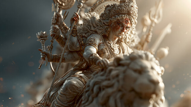 Statue of Hindu goddess Durga with multiple arms riding a lion into battle, holding traditional weapons, detailed carvings with red ritual pigment and epic lighting