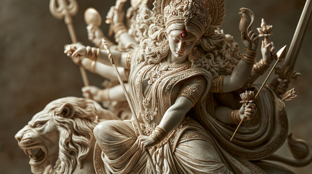 Intricate ivory sculpture of Hindu goddess Durga Mahishasuramardini with ten arms holding divine weapons, riding a roaring lion in a fierce battle pose