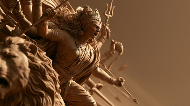 Low angle view of a terracotta Hindu goddess Durga sculpture shouting in fury, holding arrows and a trident, riding a roaring lion during an epic mythological battle