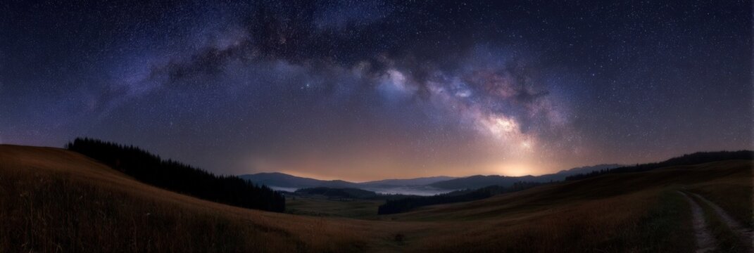 Milkyway panorama rolling hills dawn stars over misty valley road leading through quiet pastoral nightscape