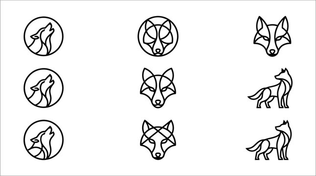 Black line art wolf icons set.