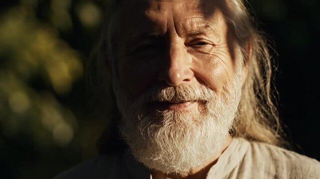 Elderly man with white beard and long hair in dappled sunlight