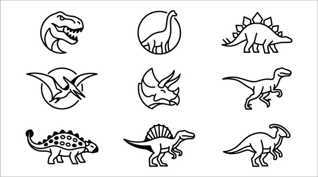 Various Dinosaurs Line Drawings Collection.
