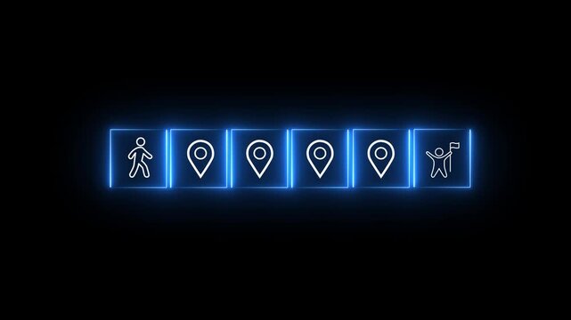 Career Path and Development Strategy Concept. Arranging neon icons success roadmap and journey, symbolizing a structured career path and strategic development. Planning, growth, progress