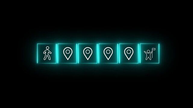 Career Path and Development Strategy Concept. Arranging neon icons success roadmap and journey, symbolizing a structured career path and strategic development. Planning, growth, progress